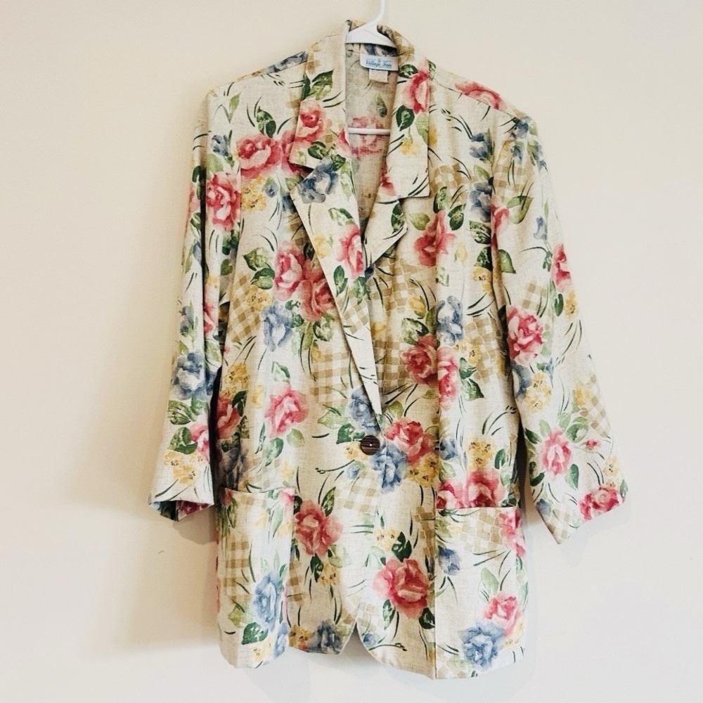 Vtg USA Made Village Fair Floral Jacket Sz L Cottagecore Blazer Button Pockets